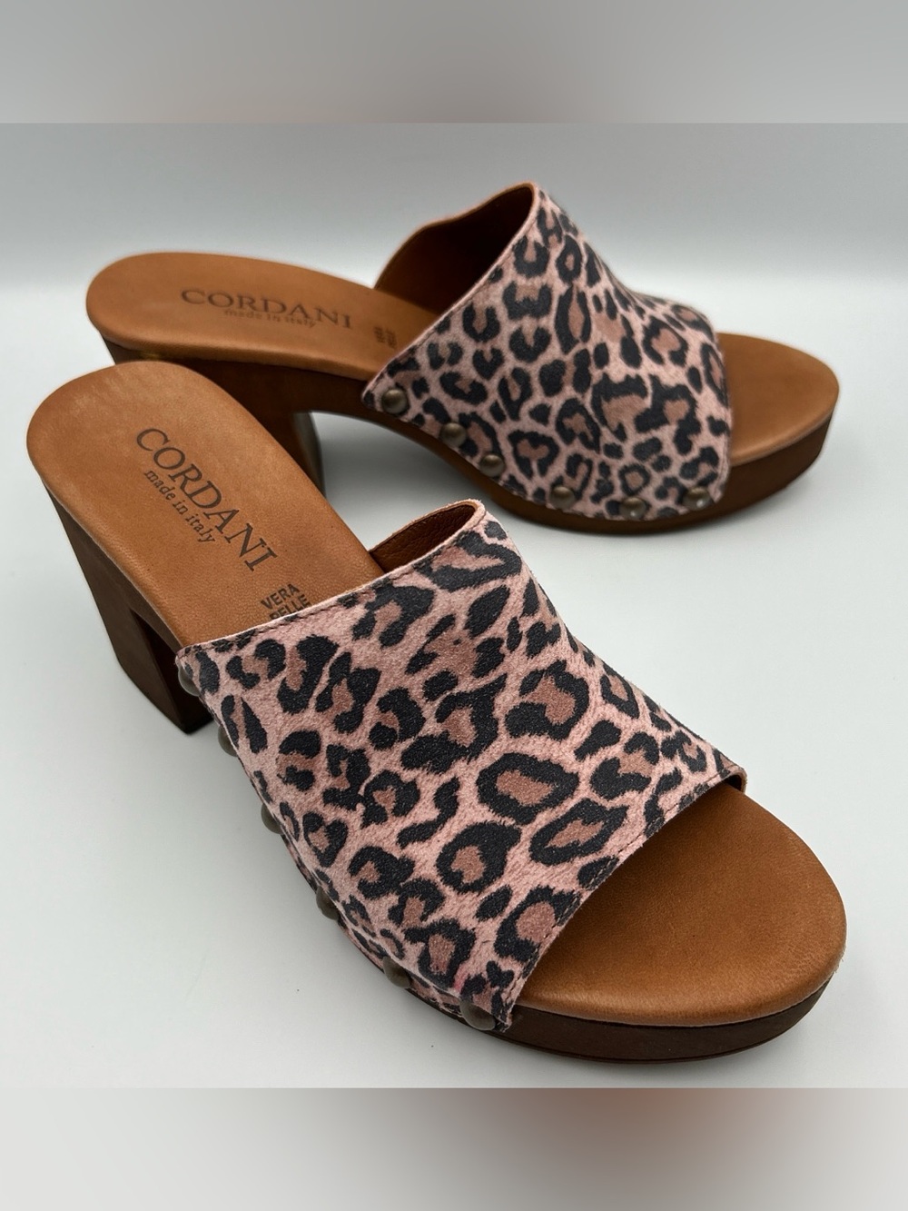 CORDANI Whitley Platform Slide Sandals Size 9/40 Faux Wood Animal Print Leather